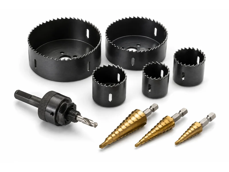 Hole saw set with arbor alongside three titanium-coated step drill bits