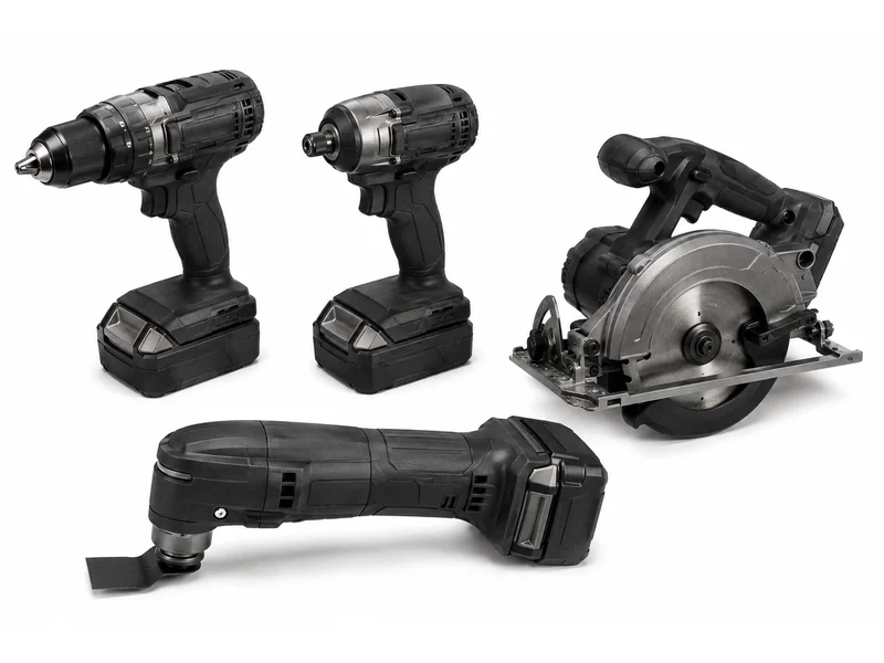 Cordless drill, impact driver, circular saw and multi-tool with battery packs