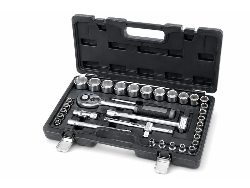 Socket and ratchet set laid out in a moulded carry case