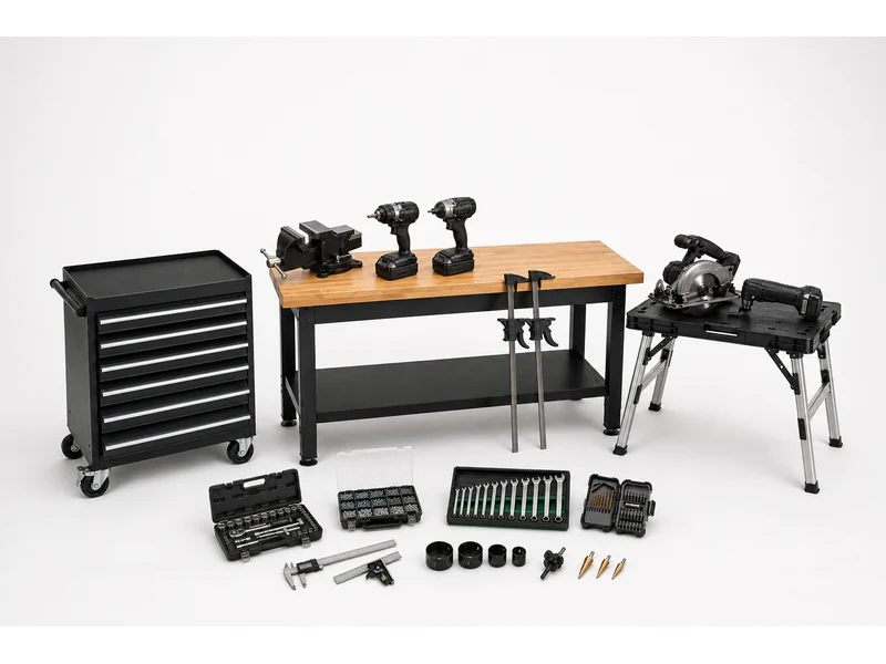 A range of tools and hardware together: rolling tool chest, workbench, folding workbench, cordless power tools, socket sets and bit sets