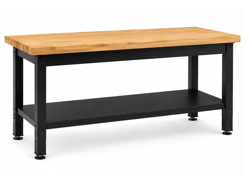 Steel workbench with a solid timber top and lower shelf