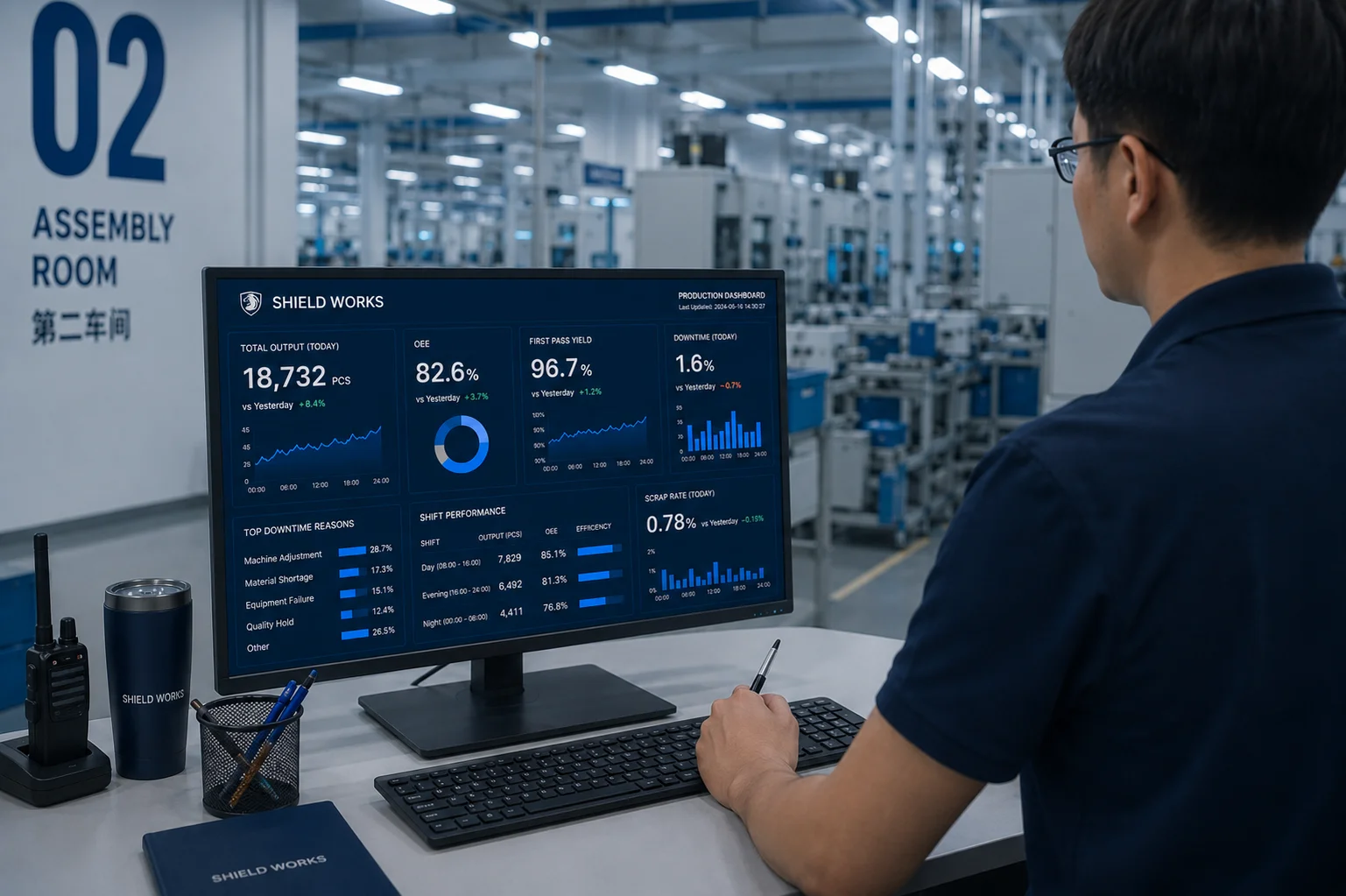 Shield Works engineer monitoring the real-time production dashboard from inside Assembly Room 02