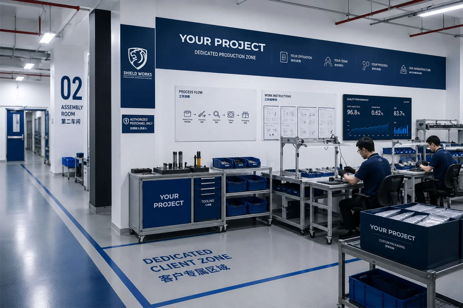 A dedicated client production zone inside Assembly Room 02, with "Your Project" signage beside the Shield Works crest, process boards, and live quality analytics
