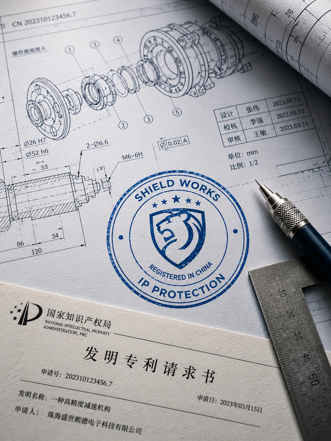 CNIPA-stamped engineering drawing showing patent filing for a manufactured part