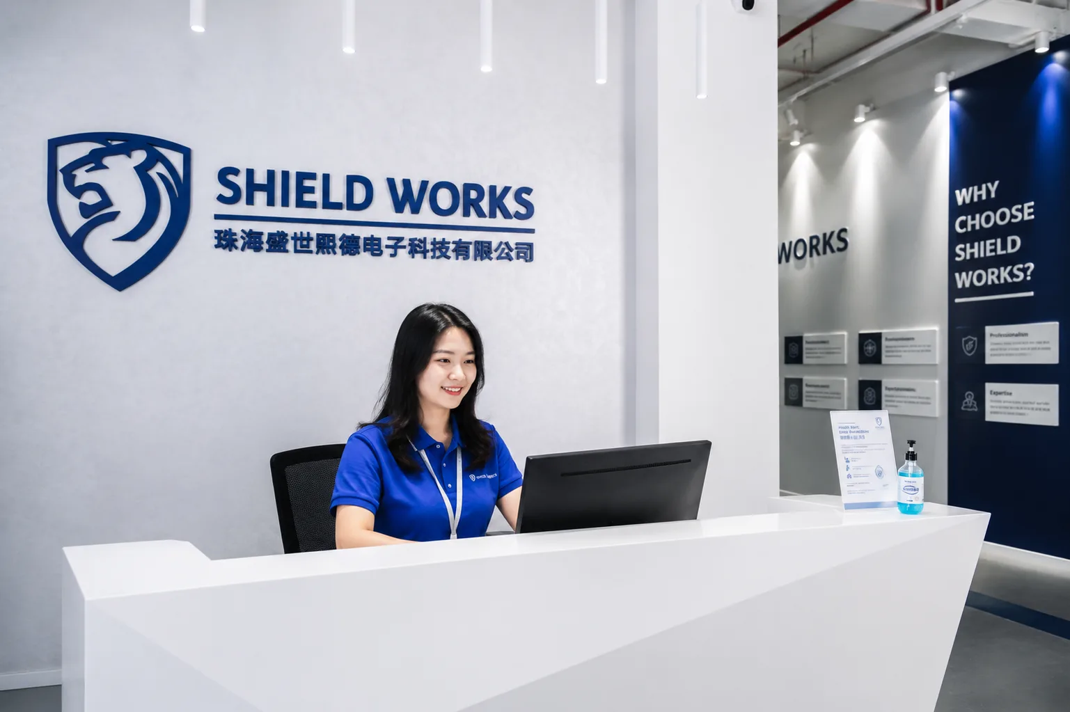 Shield Works reception desk at the Zhuhai facility, with the Shield Works logo on the wall behind