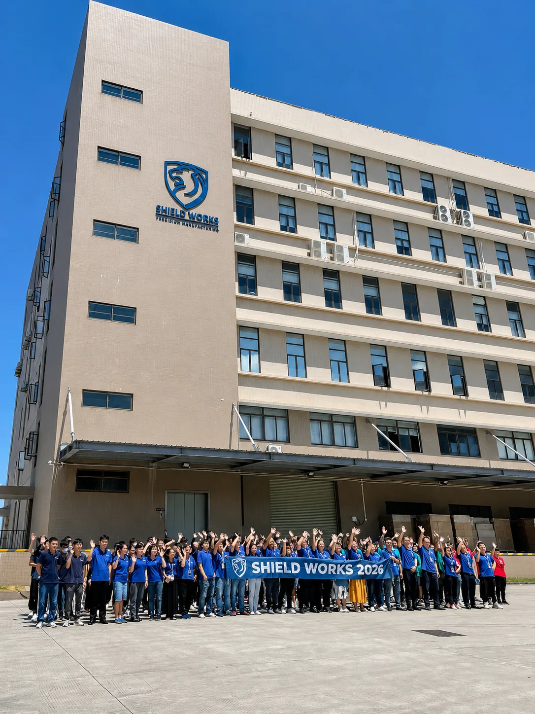 The Shield Works team in front of the Zhuhai facility, waving and holding a SHIELD WORKS 2026 banner